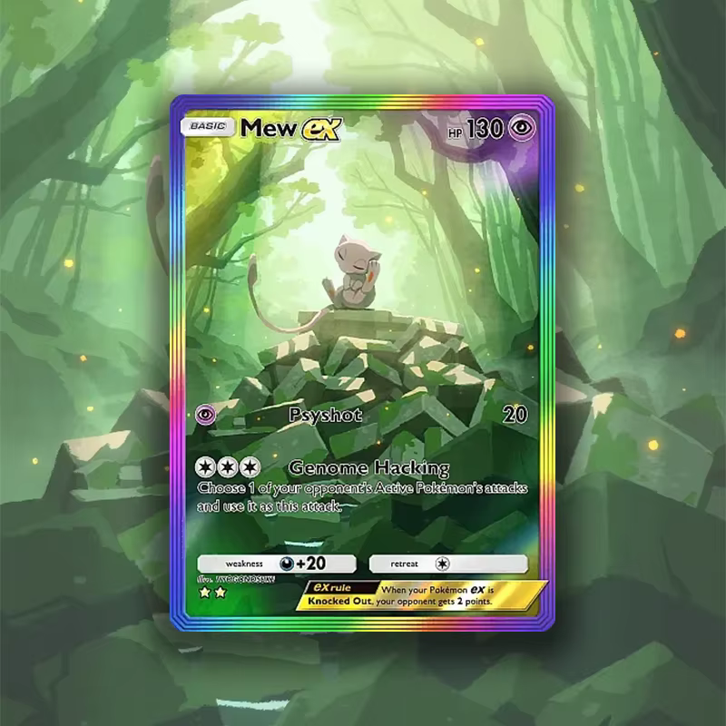 Cartes de jeu de collection anime holographiques de qualité supérieure, série PKM Mew/Mewtwo, avec texture métallisée.