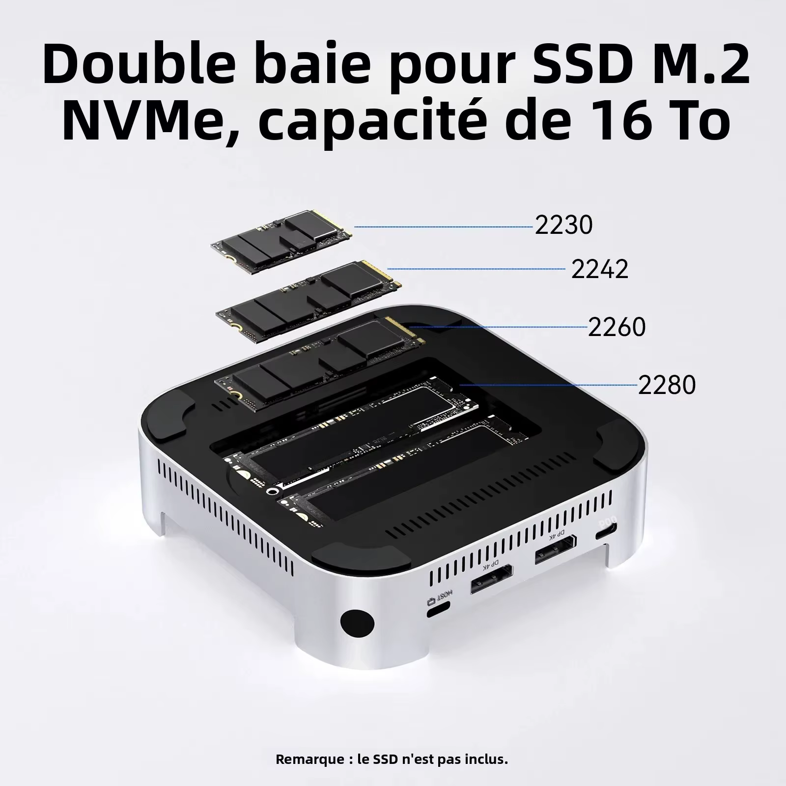 Acasis Mac Mini Station d'accueil USB-C 40Gbps vers DP 4K/144HZ TF/SD 3.0 double baie NVME M.2 emplacement SSD PD 30W