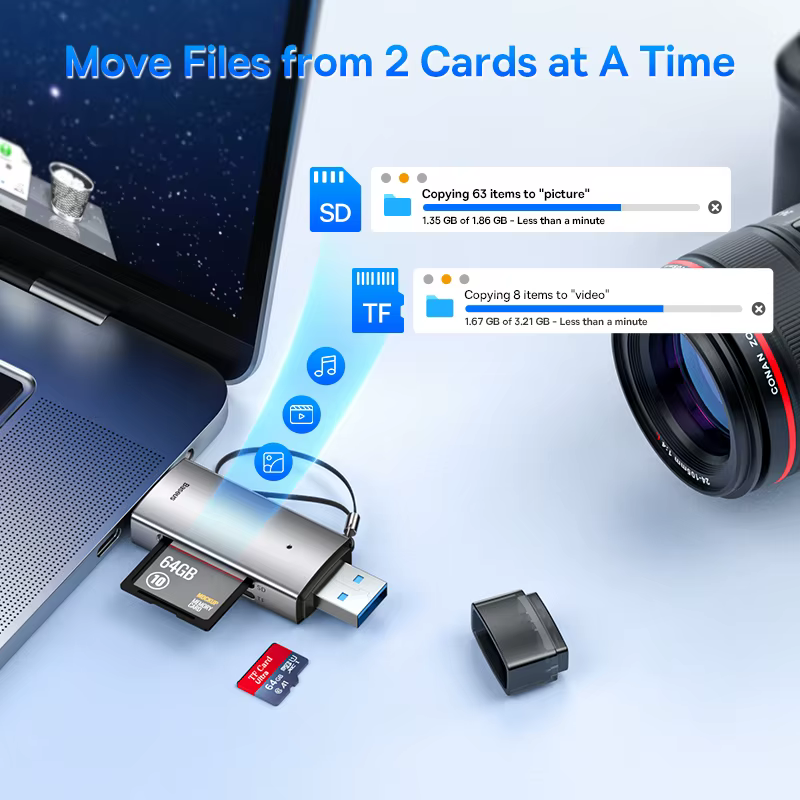 Lecteur de carte Baseus USB C & USB3.0 vers SD Micro SD TF dispositif