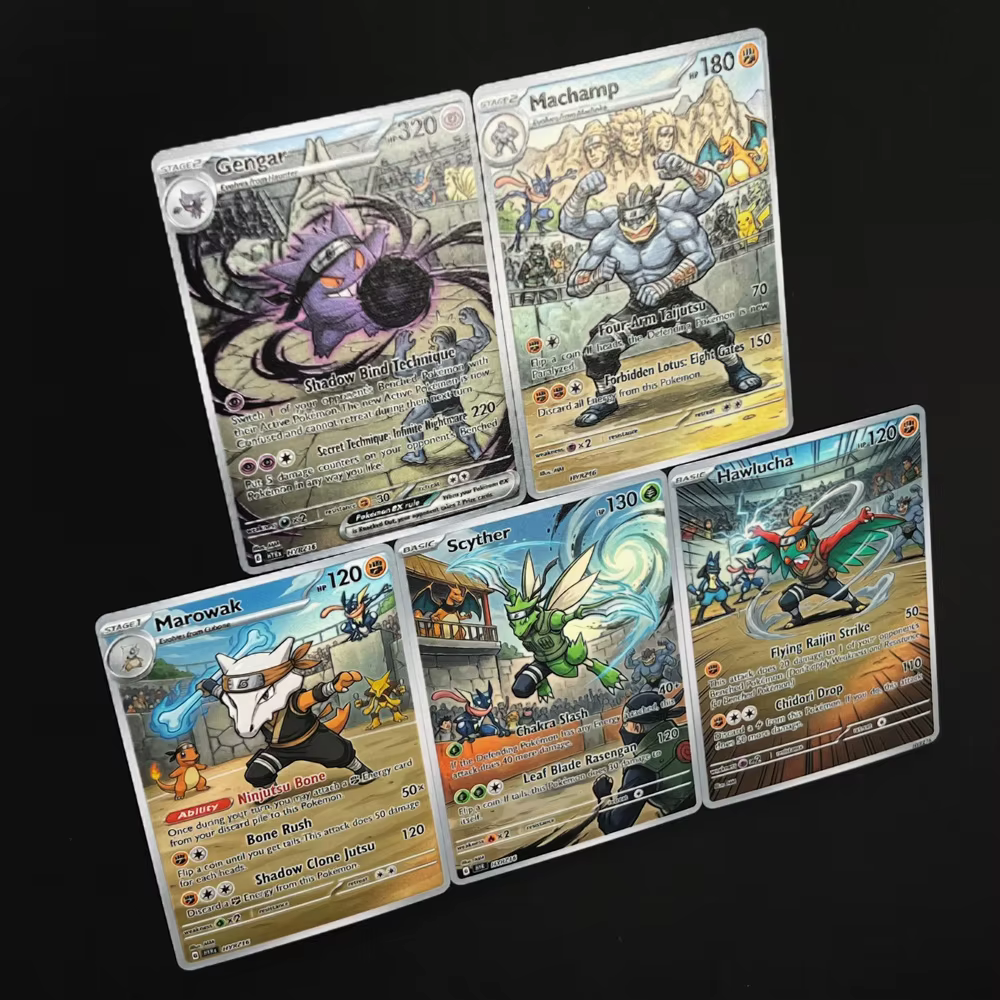 Cartes Pokemon PTCG, 5 pièces, carte holographique de combat Pokemon, cadeau, Style peinture à l'huile, Gengar Machamp Marowak Scyther Hawlucha, jouet de collection