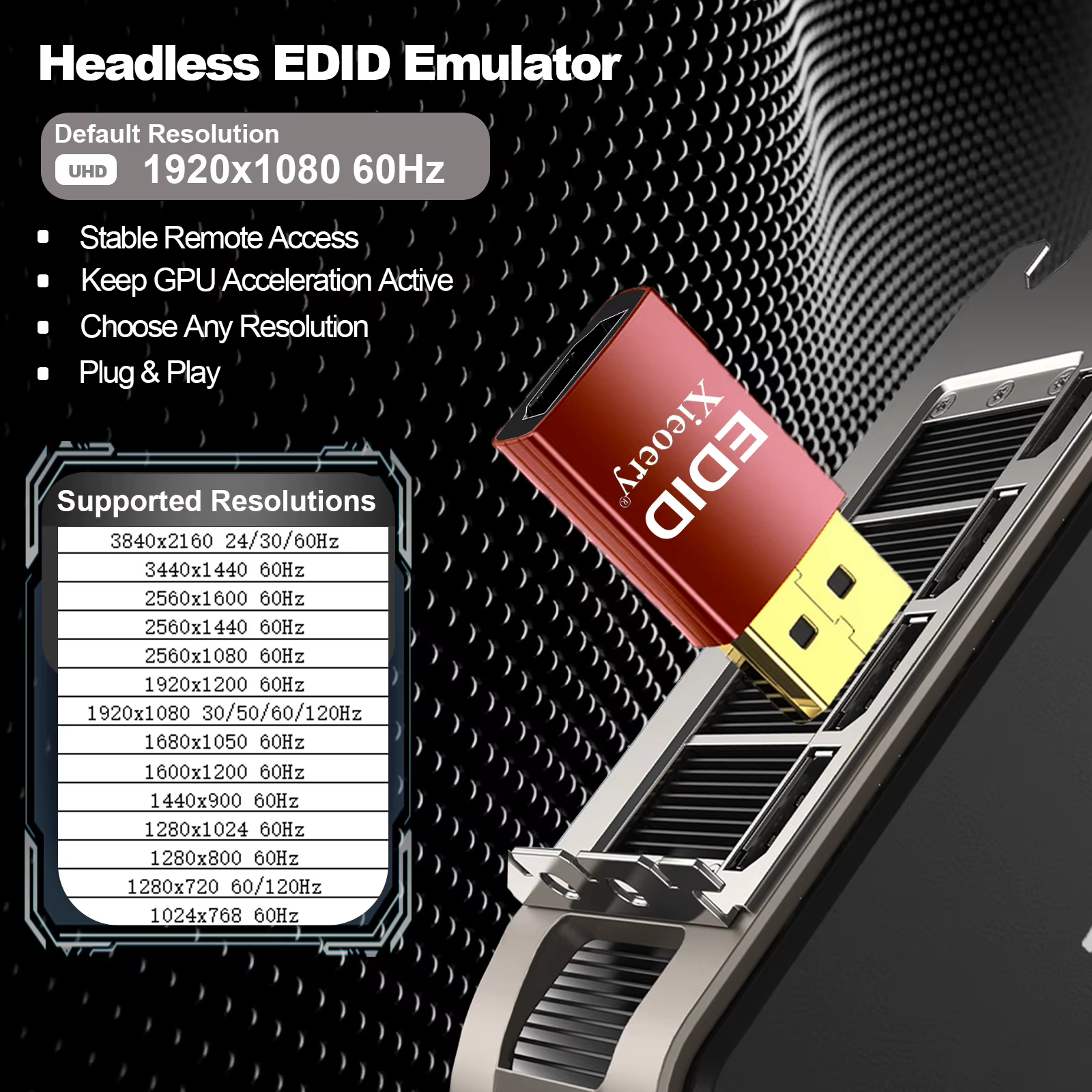 Émulateur EDID HDMI 4K 3840x2160@60Hz pour Bureau à distance/KVM/Serveur sans écran/Configurations GPU, Sortie stable et prise en charge multi-résolutions