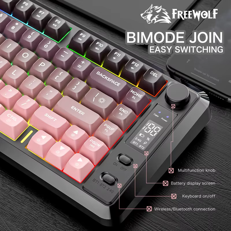 GRATUIT WOLF M75 Clavier de jeu sans fil compact à 82 touches - Double mode (Bluetooth/2.4G) Écran OLED rétroéclairé RVB Grande batterie
