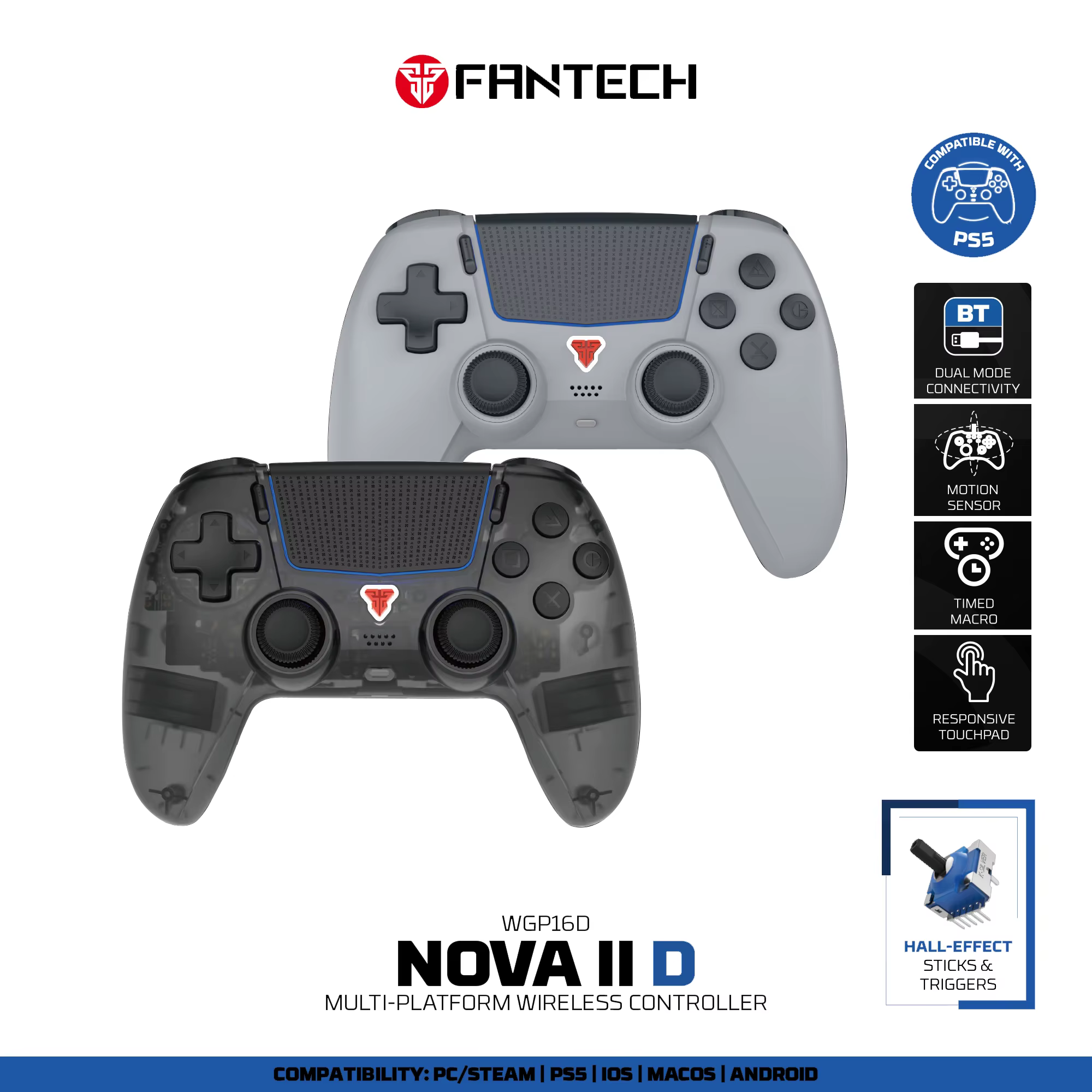 Manette de jeu sans fil FANTECH NOVA IID WGP16D BT pour PS5/PC/iOS/Android avec fonction Turbo