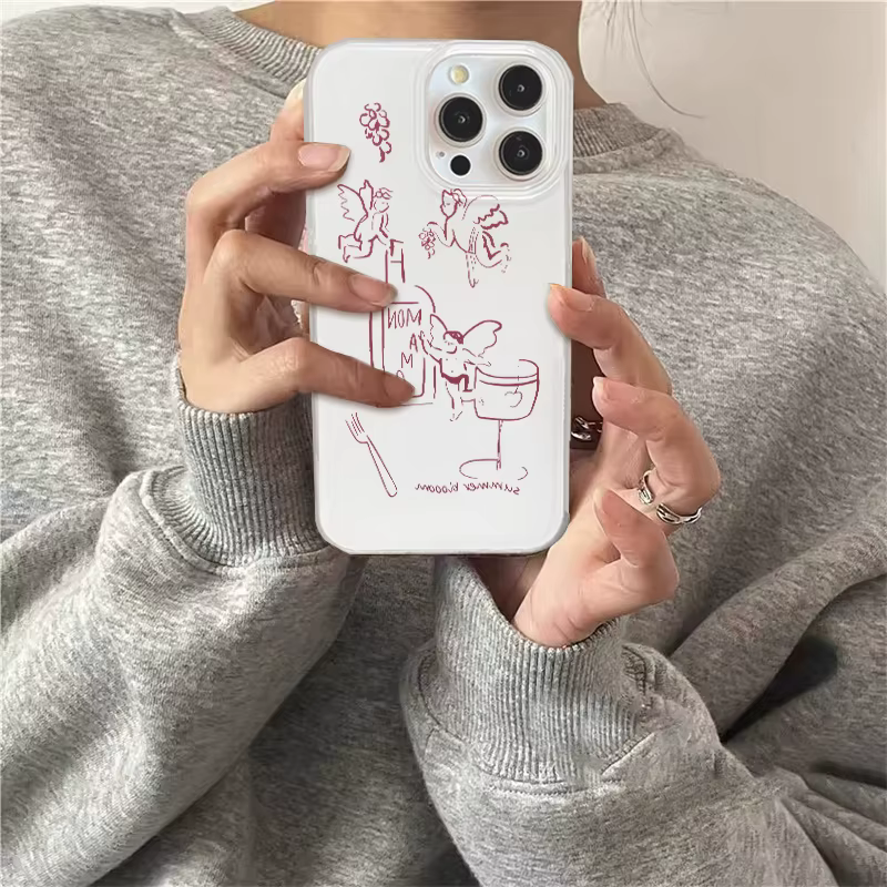 Coque de téléphone style artistique Double couche avec lignes d'ange peintes à fond blanc, pour iPhone 11 12 13 14 15 16 pro max
