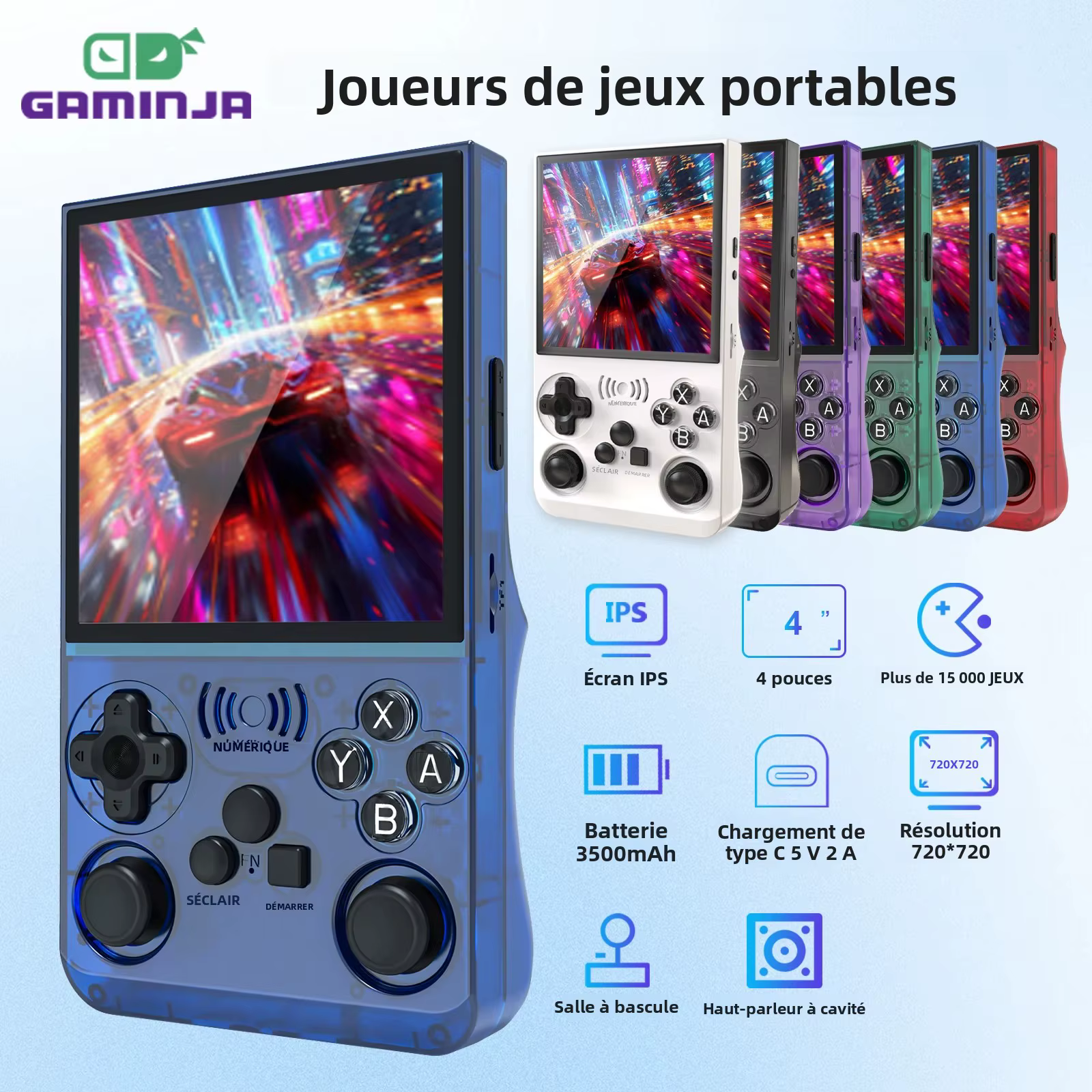 GAMINJA ANS13 Console de jeu vidéo Portable rétro plus de 15000 jeux Linux intégré écran IPS de 4.0 pouces
