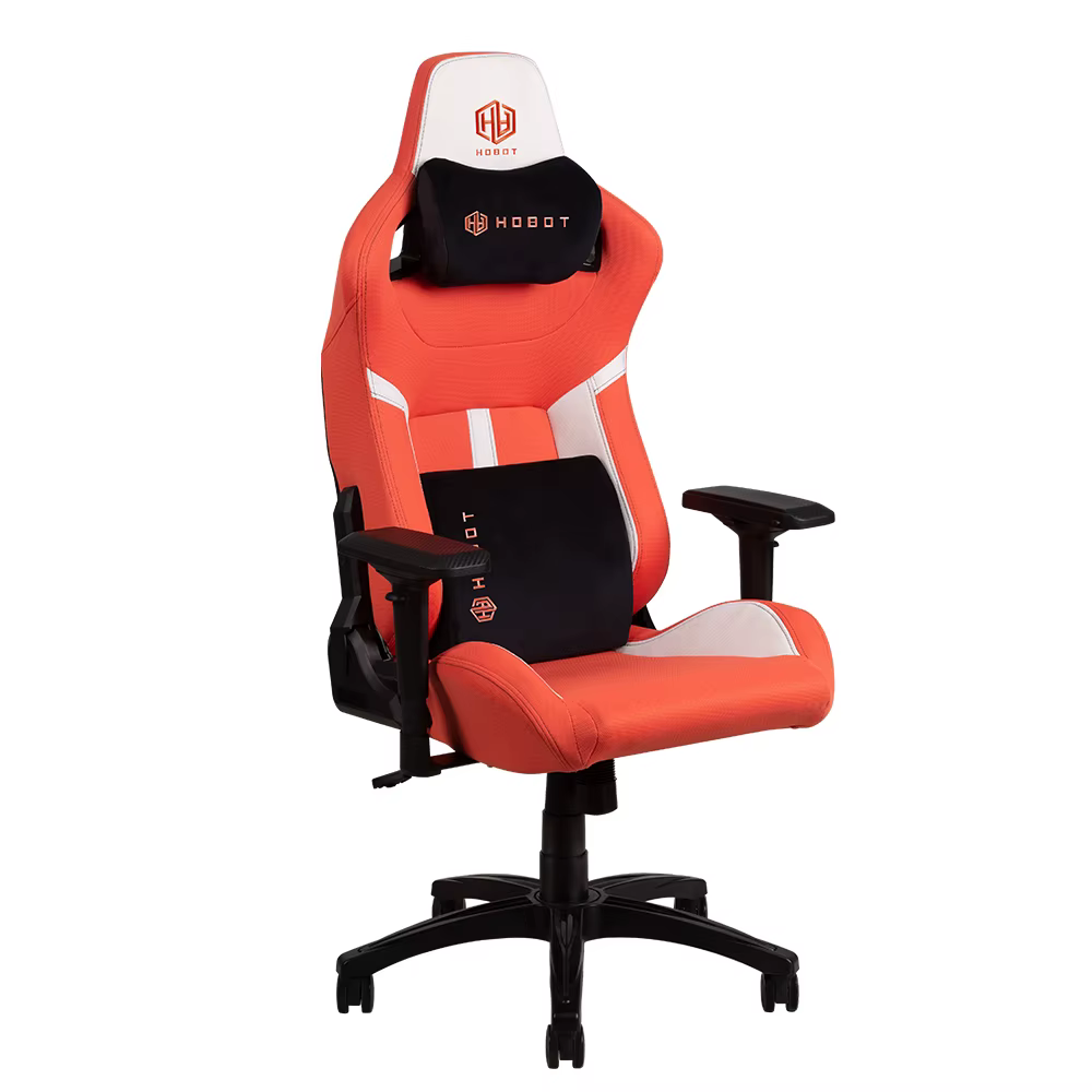 Chaise de bureau et gaming ergonomique 4D pivotante à dossier haut en similicuir PU orange