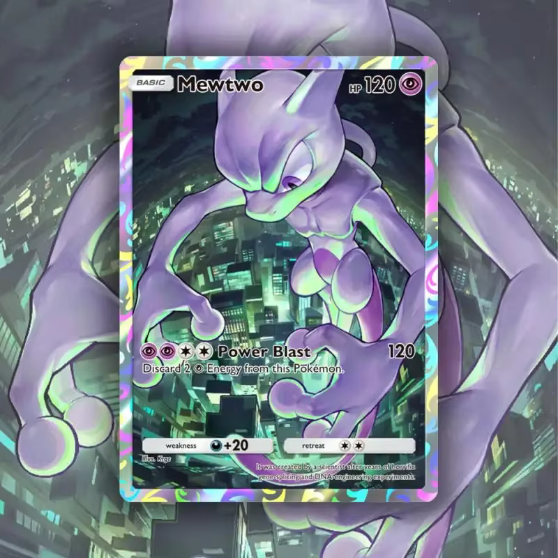 Cartes de jeu de collection anime holographiques de qualité supérieure, série PKM Mew/Mewtwo, avec texture métallisée.