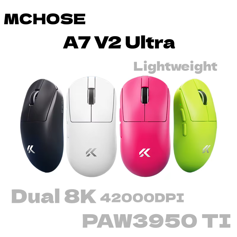 MCHOSE A7 V2 Ultra souris de jeu PAW3950 TI capteur double 8000Hz 20000fps 42000DPI 750IPS importé Super glisse revêtement en verre CSGO