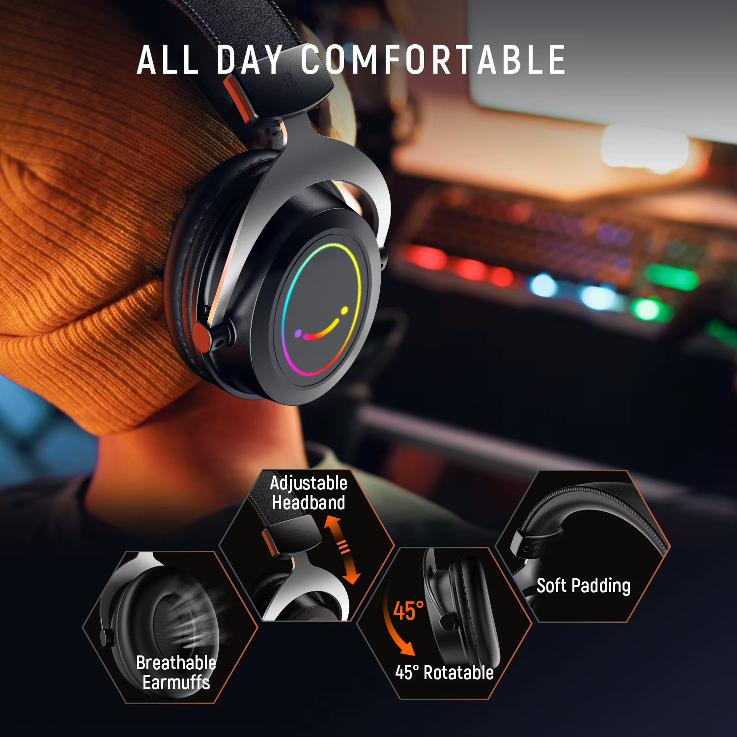 Casque de jeu RVB avec contrôle de ligne et poignées