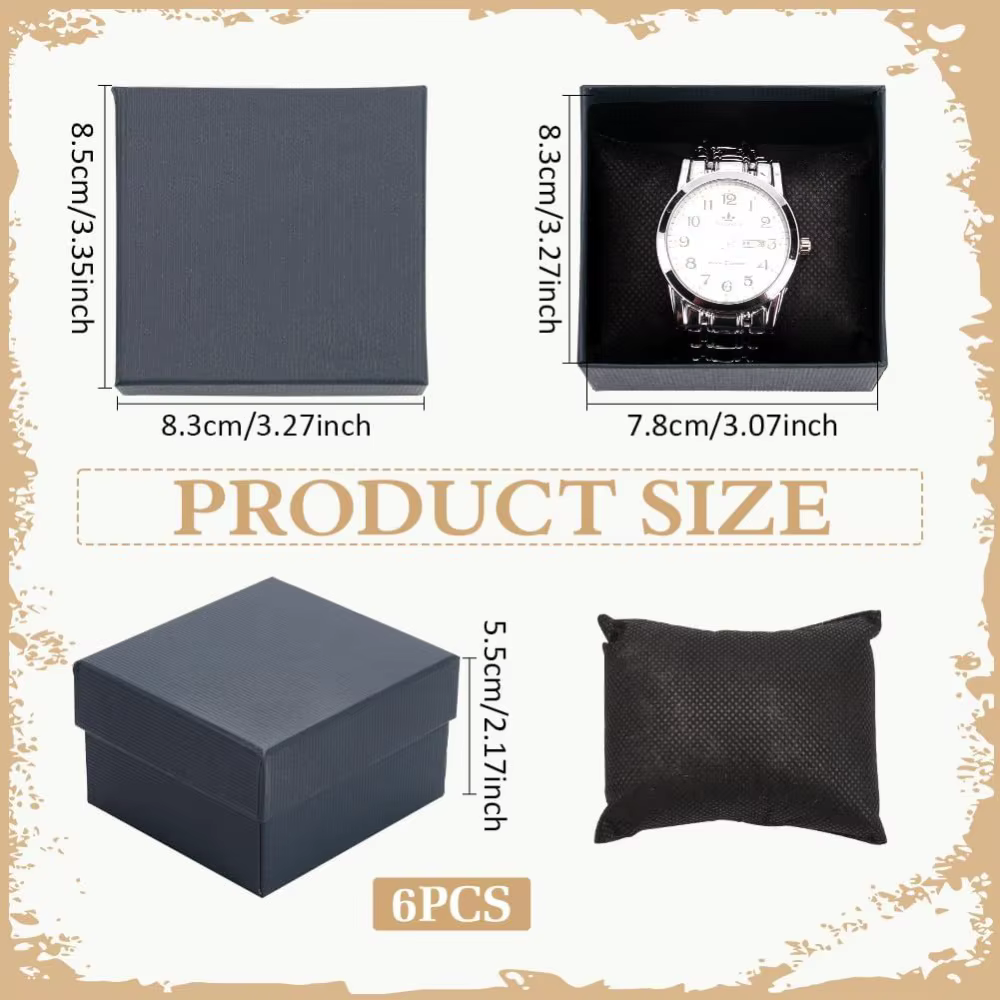 Boîte-cadeau de rangement de montre en carton Kraft, boîte à bijoux rectangulaire 3.2x3x2 pouces avec coussin en tissu non tissé pour bracelet, 6 paquets