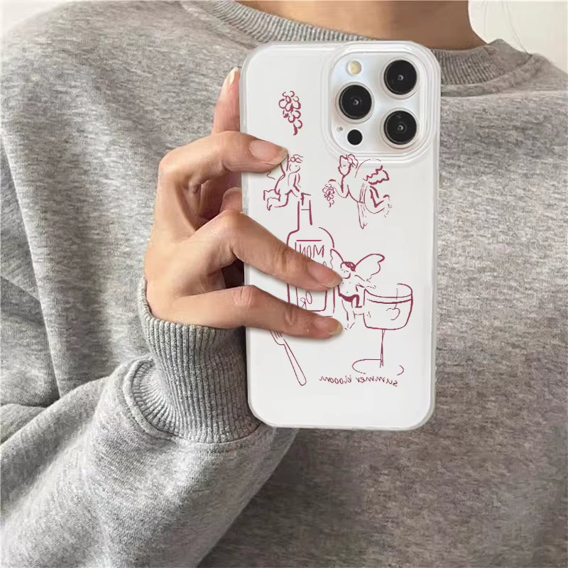 Coque de téléphone style artistique Double couche avec lignes d'ange peintes à fond blanc, pour iPhone 11 12 13 14 15 16 pro max