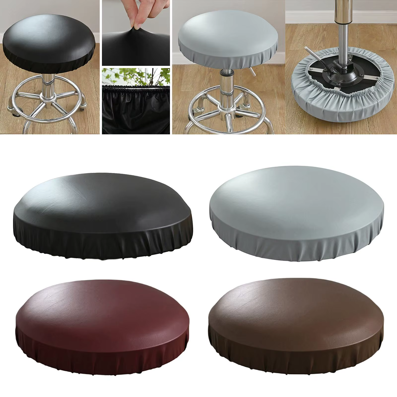 Housse de chaise de tabouret en cuir PU, housse de protection de siège pour tabourets de Bar ronds de 35 à 45cm, housses de chaise de Bar élastiques