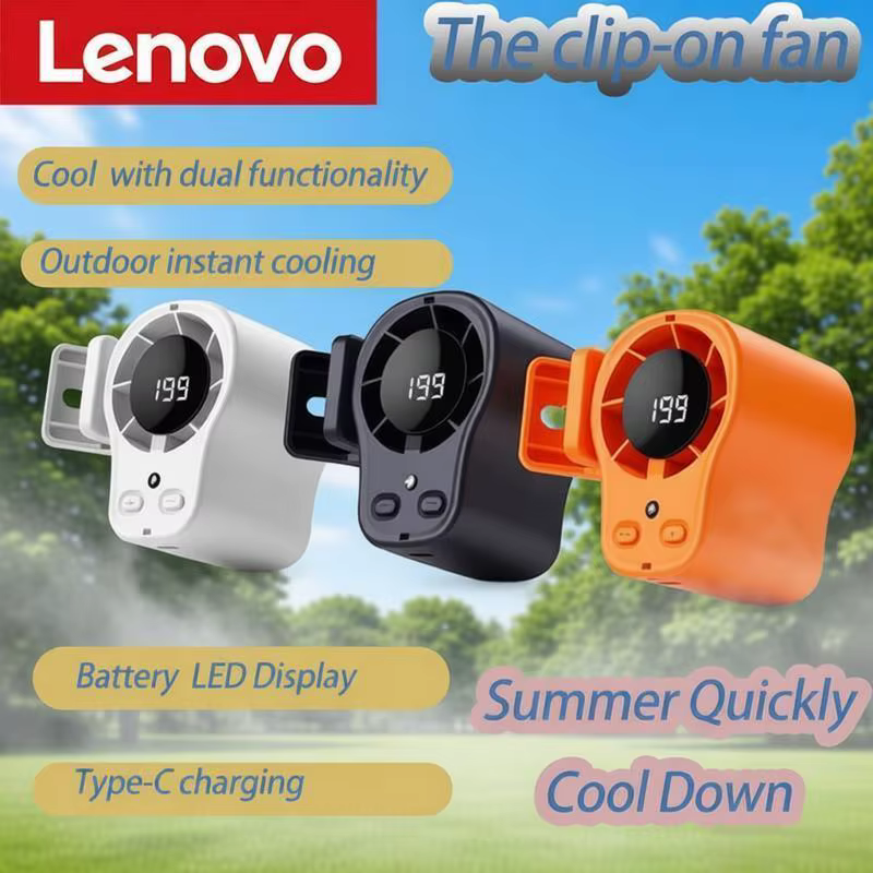 Ventilateur portable Lenovo avec écran LED, léger, format de poche, faible bruit, petit ventilateur électrique, ventilateur d'extérieur, Nouveauté 2026