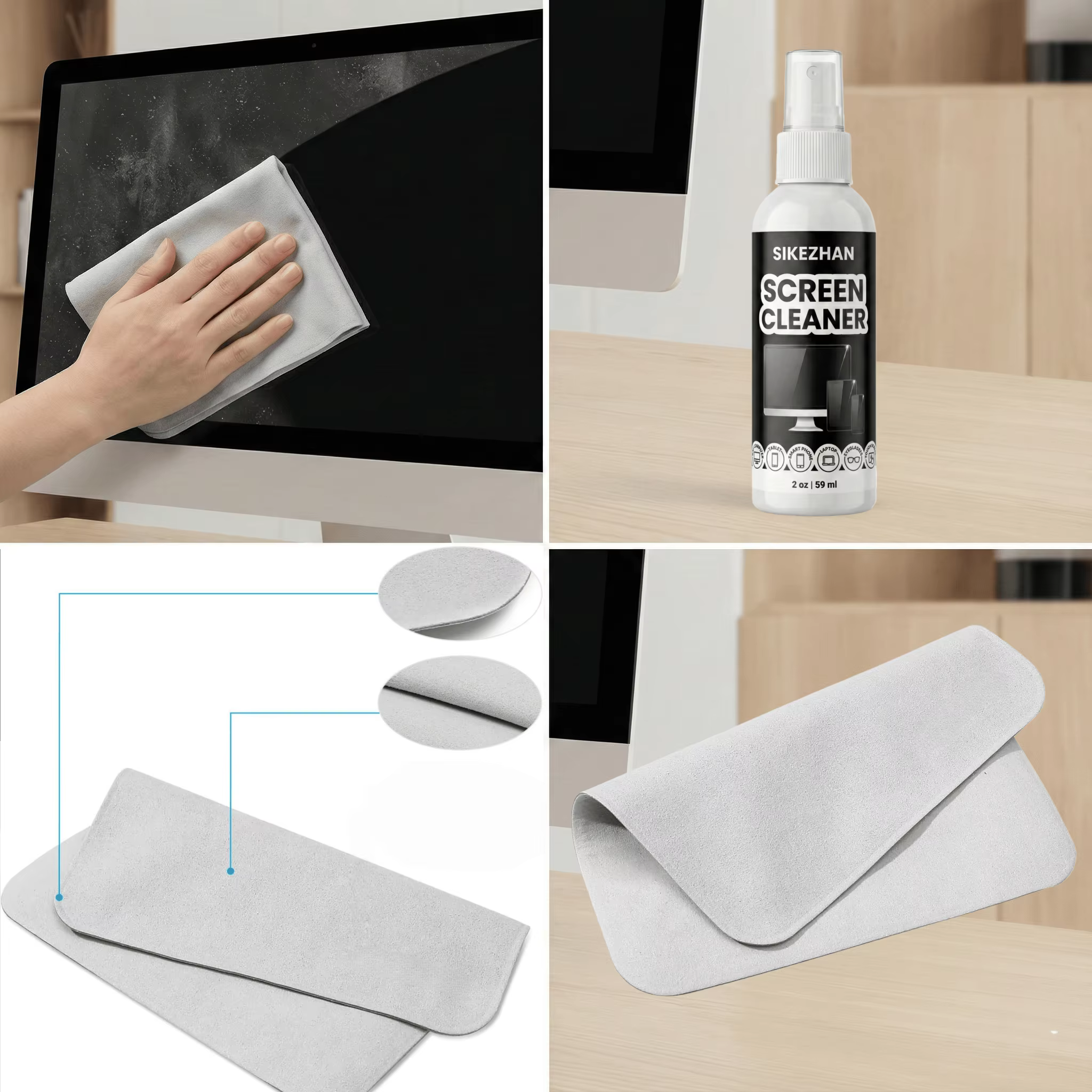 SIKEZHAN Kit de nettoyage d'écran avec chiffon de polissage – Spray sans traces pour MacBook