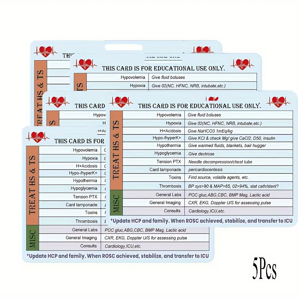 Carte de référence en forme de cœur, 5 pièces, Code CPR, étiquette EMT/RN/MD bleue pour médical 2.9x4.1 pouces, carte de survie ACLS pour les professionnels médicaux