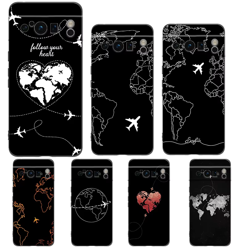 Coque de téléphone en Silicone noir antichoc, carte du monde de dessin animé, direction de paysage, pour Google pixel 9 8 7 6 Pro 8A 6A 7A 5G