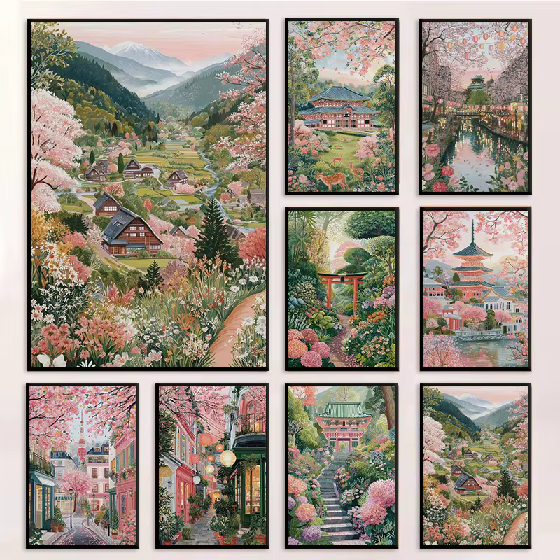 Affiche de paysage de voyage au Japon, ville florale rose, village japonais, fleurs de cerisier, peinture sur toile, art mural, décoration de salon, décoration de la maison