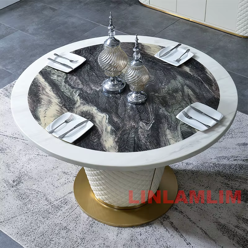 Ensemble de table à manger moderne 7 pièces pour 6 personnes, table à manger ronde en marbre avec 6 chaises rembourrées en cuir véritable, cuisine salle à manger