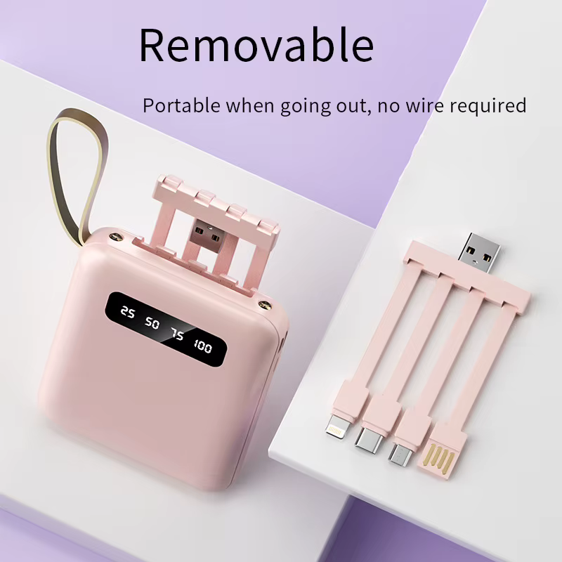 Batterie externe Portable 20000mA avec câble, grande capacité, sortie Micro/Lightning/type-c, alimentation de batterie externe pour téléphone Portable