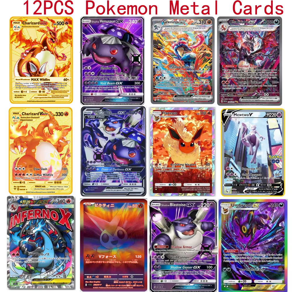 Cartes Pokémon Vmax Pokemon GX EV en anglais, carte métallique, anime Charizard Mewtwo Blastoise, lettres brillantes, collection de cartes de jeu, jouet pour enfant