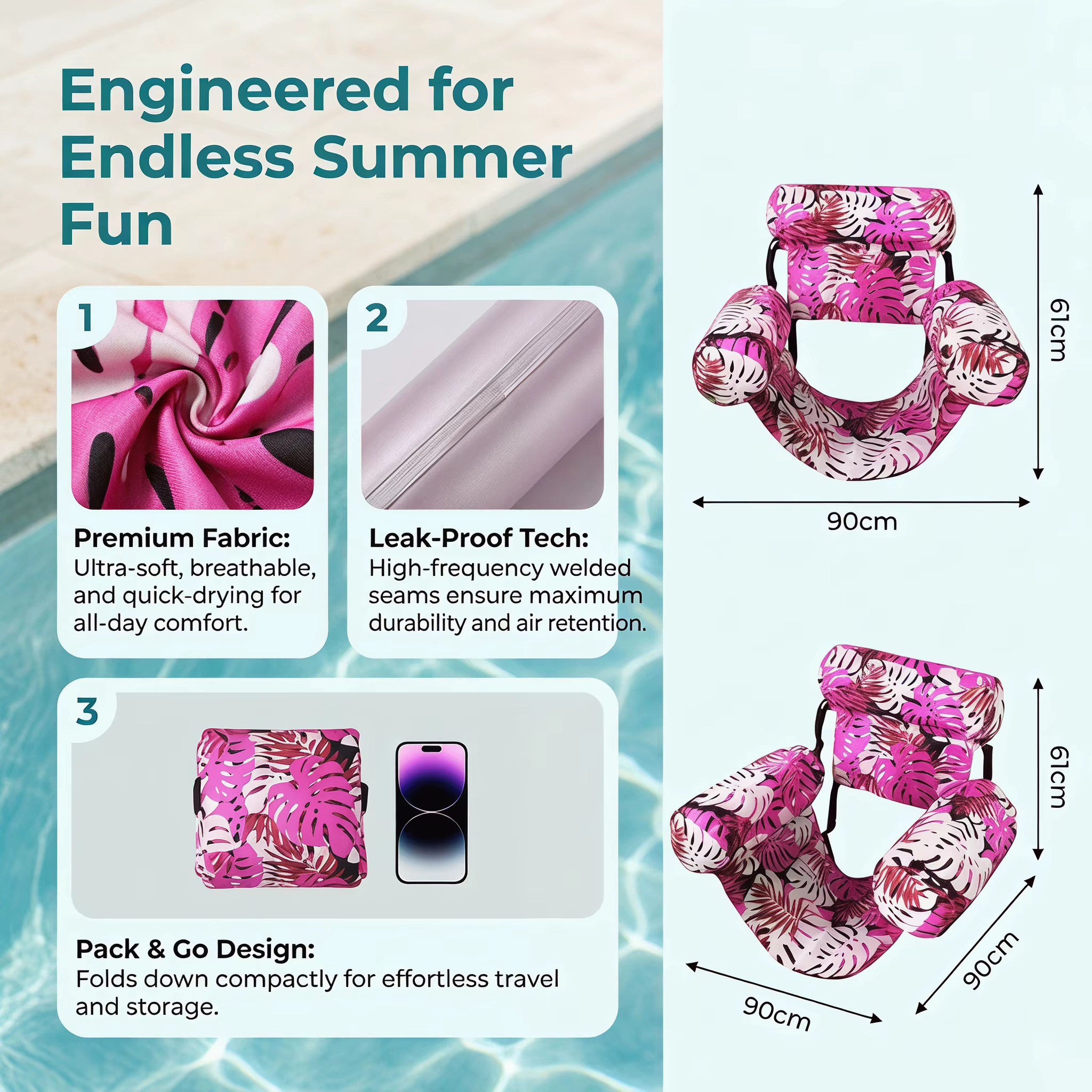 Chaises flottantes pour piscine, chaise longue gonflable pour adultes avec accoudoirs et dossier, transat flottant pour l'eau, hamac aquatique pour le plaisir estival dans l'eau