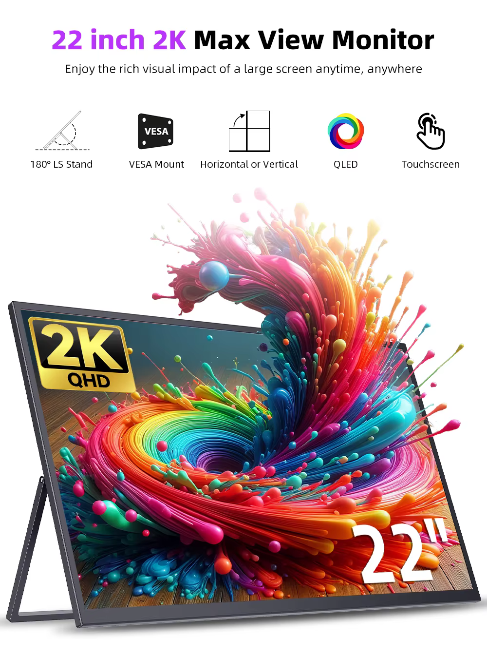 Écran tactile portable UPERFECT 22 pouces 2K avec deux haut-parleurs HDMI Type C Grand