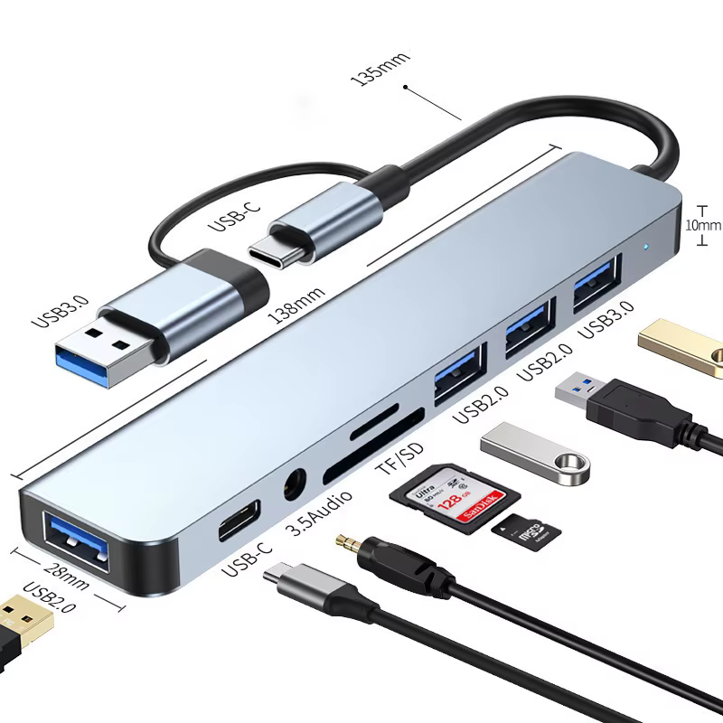 Station d'accueil HUB USB + Type C 8 en 2 avec adaptateur jack audio 3