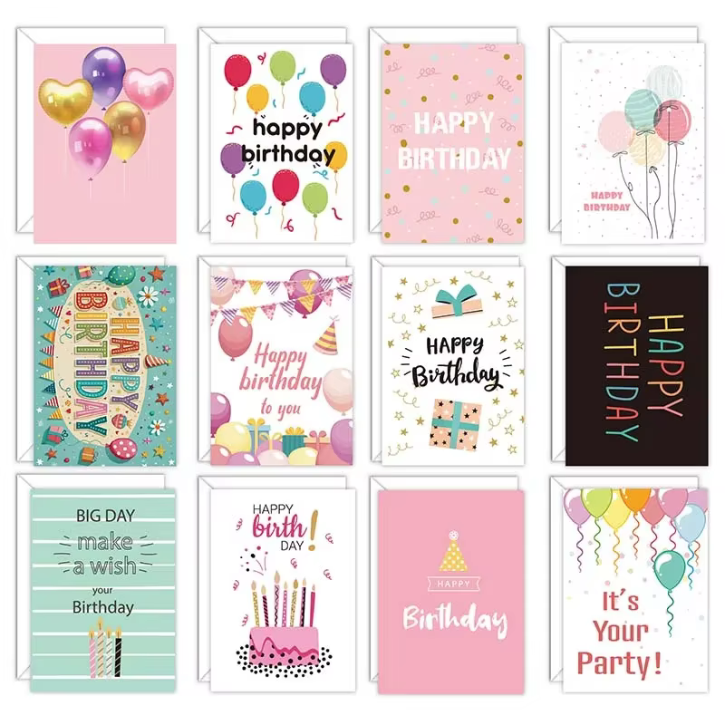 Ensemble de cartes de vministériels x d'anniversaire avec enveloppe et autocollant, carte de message pliante, cartes de bénédiction bricolage, cartes d'invitation de fête, 12 pièces