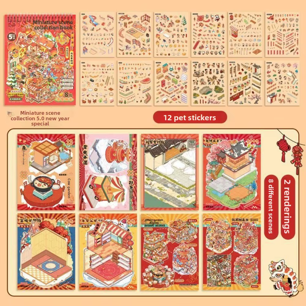 Nouveaux autocollants miniatures 3D à thème du Nouvel An, découpés en PET, sur le thème des paysages, 8 scènes, 20 feuilles, livre de scènes miniatures, cadeau de fêtes