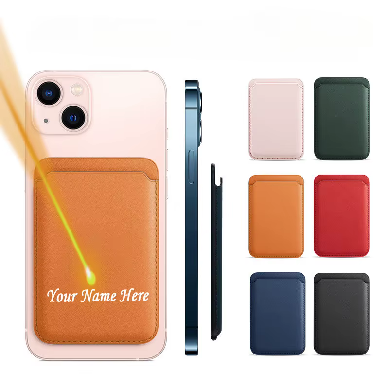 Étui porte-cartes magnétique personnalisé avec nom personnalisé pour téléphone 12 – 17, autocollant arrière en cuir, manchon de carte avec portefeuille à aimant puissant