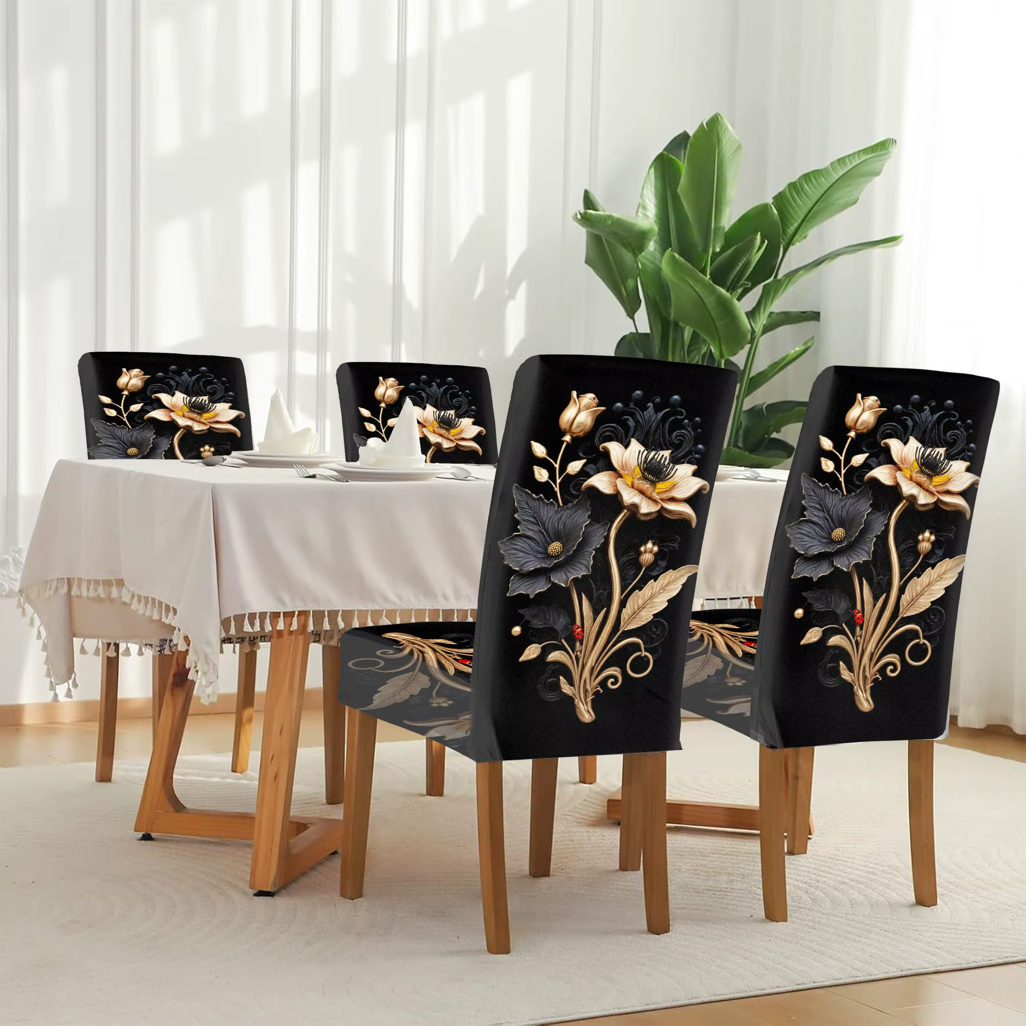 Housse de chaise de salle à manger extensible, luxe, or noir, floral, Art Déco, amovible, lavable, housse de chaise de salle à manger pour la maison