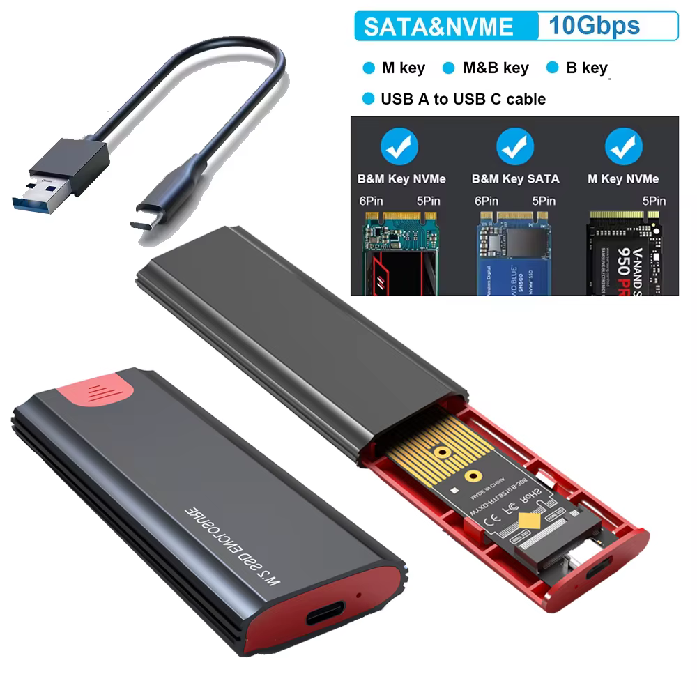 Boîtier SSD M2 M.2 NVMe SATA, adaptateur de boîtier SSD 10Gbps USB 3.2 Gen2 USB C, boîtier externe prend en charge les touches M, B et B & M