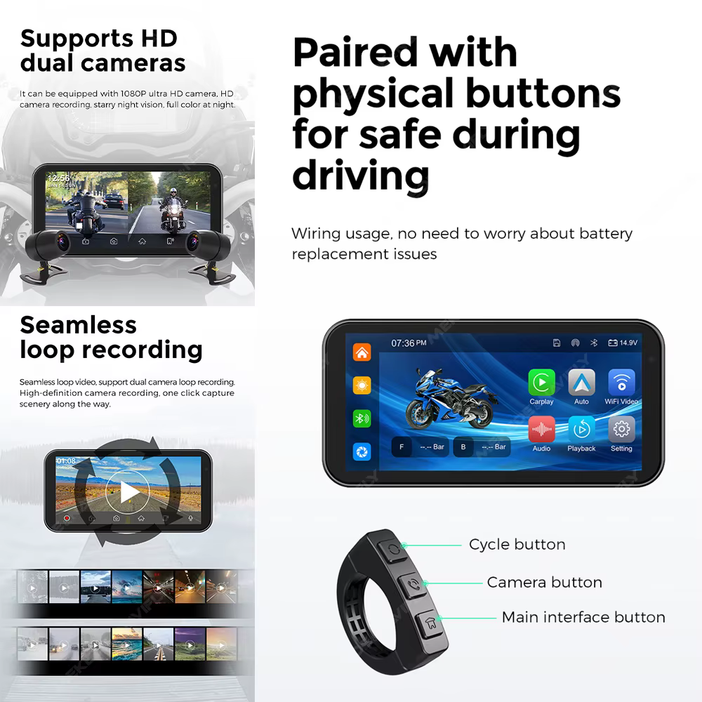 Enregistreur de conduite DVR automatique étanche pour moto, prise en charge de la navigation GPS, Carplay sans fil, Android, TPMS, IP67, portable, 6.25 pouces